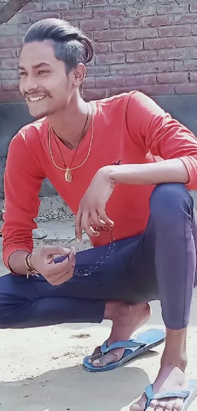 A person in a red shirt sitting outdoors against a brick wall.