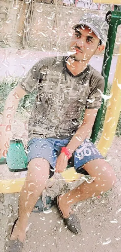 Casual outdoor portrait of a young man in stylish attire sitting on a bench.