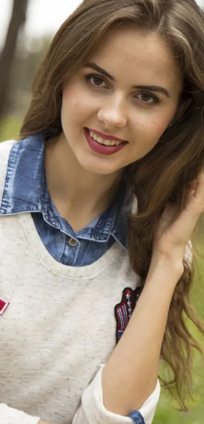 Young woman posing outdoors in casual attire.