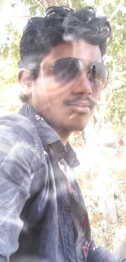 Portrait of a young man outdoors wearing sunglasses, surrounded by trees.