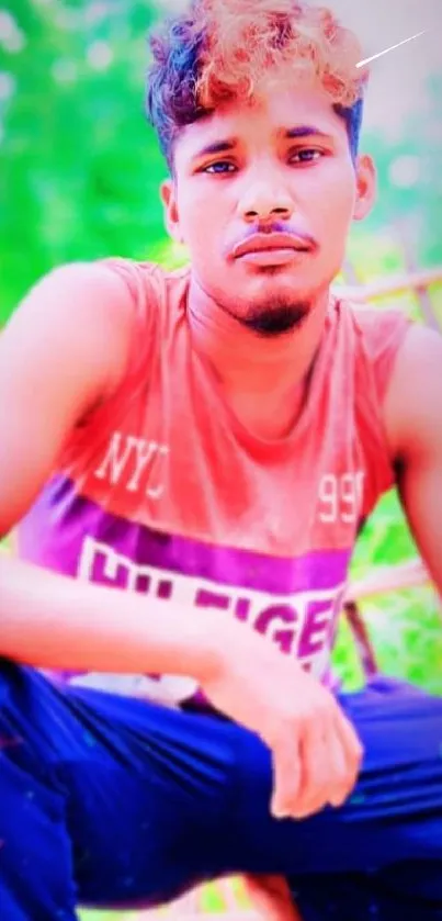 Casual outdoor portrait of a young man with vibrant colors.