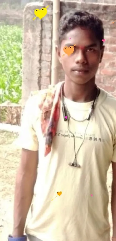 Young man in light yellow shirt outdoors.