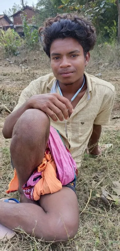 Outdoor portrait of a relaxed young man sitting on grass.