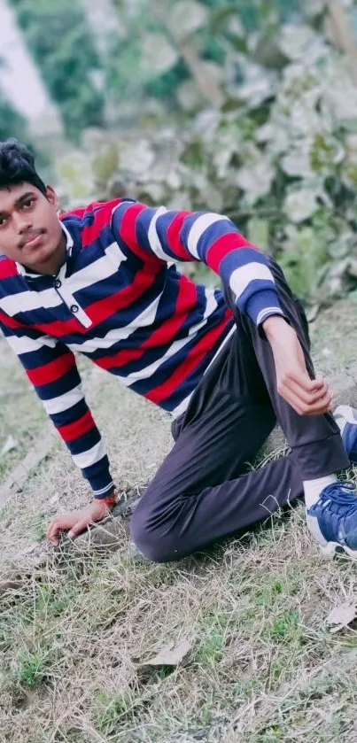 Young man in striped sweater sitting on grass outdoors.