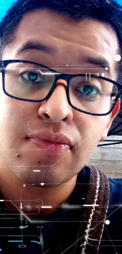 Person with glasses in outdoor setting under blue canopy.
