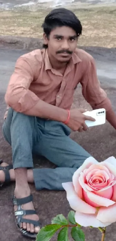 Casual man sitting outdoors with smartphone and rose.