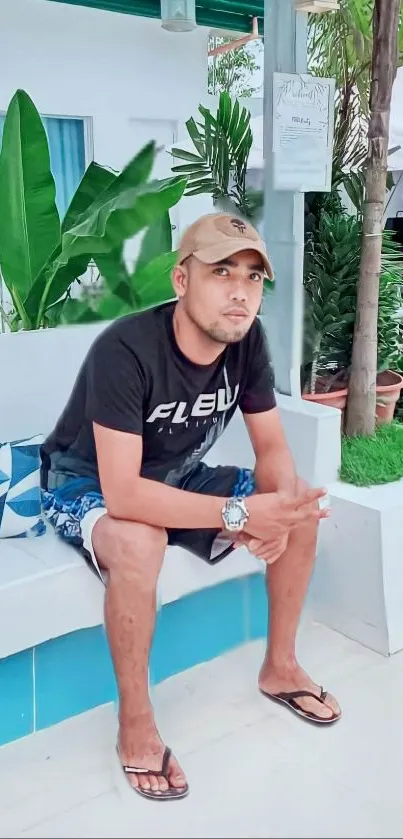 Casual man sitting outdoors with greenery and modern decor.