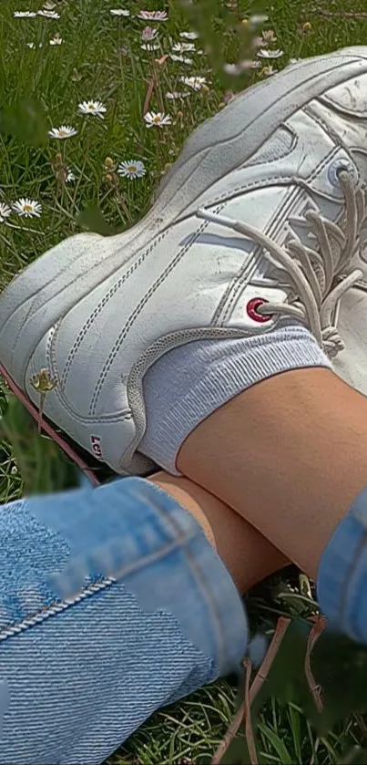 White sneakers on grass with flowers and denim jeans scene.