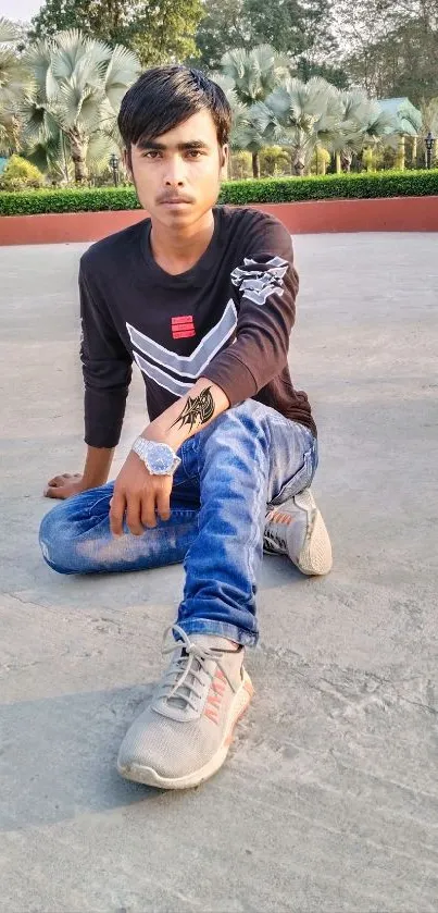 Young man sitting outdoors in casual outfit.