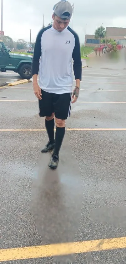 Man in casual street style on rainy day.