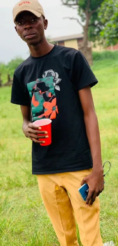 Young man in stylish attire in a vibrant grassy field.