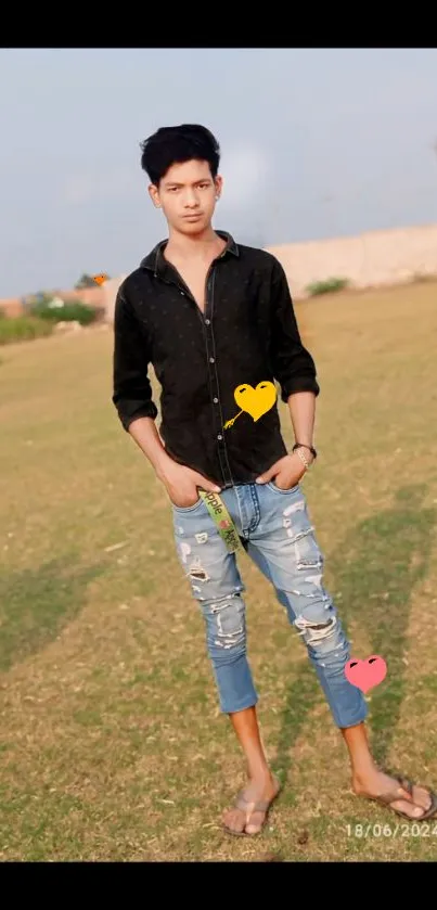 Young man in casual clothes standing outdoors in green field.