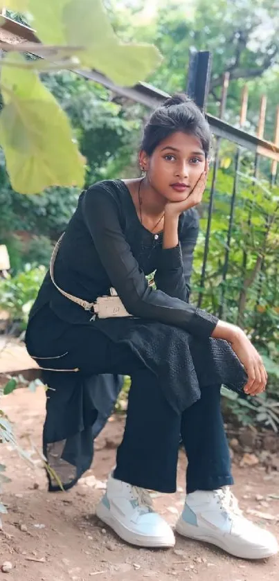 Person in black attire sitting outdoors, surrounded by greenery.