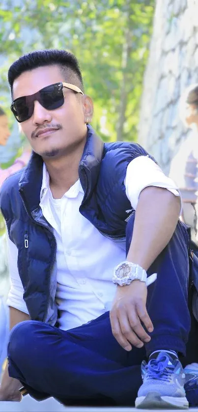 Person in sunglasses sitting outdoors, embracing a casual style.