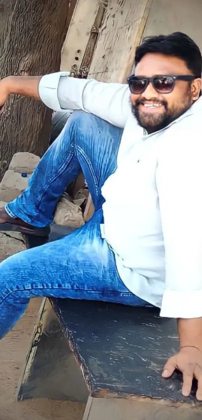 Man in jeans and sunglasses sitting casually outdoors.