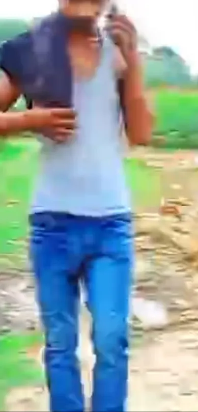 Man walking in rural outdoor setting.