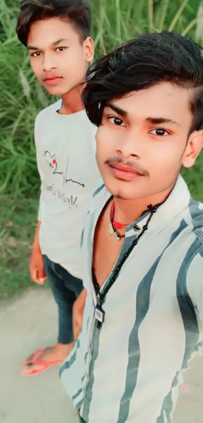 Two young men taking a selfie outdoors.