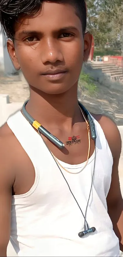 Young man in white tank top, casual outdoor setting.