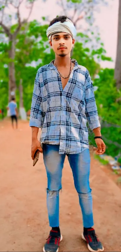 Person in plaid shirt and jeans in a natural outdoor setting.