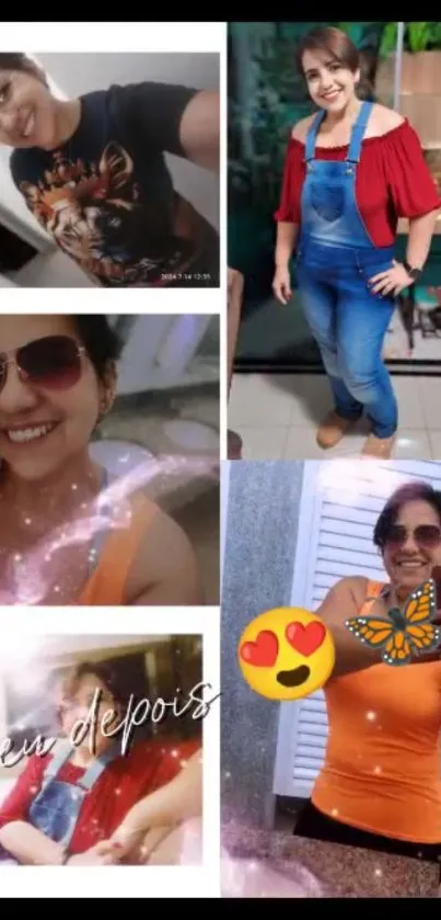 Collage of smiling women in casual outfits posing for selfies.