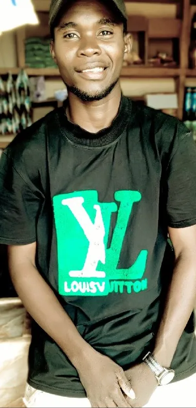 Man in a black tee with green logo, casual look.