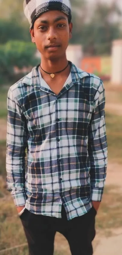 Portrait of a man in a casual plaid shirt outdoors.