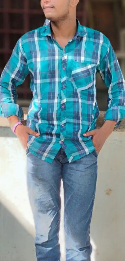 Casual plaid shirt and jeans fashion wallpaper.