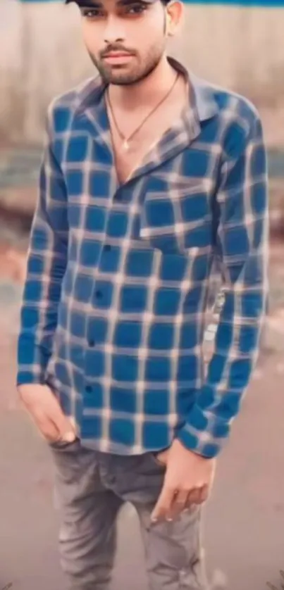 Young man in blue plaid shirt posing outdoors.