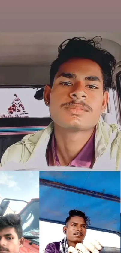 Collage of casual portrait photos in a car.