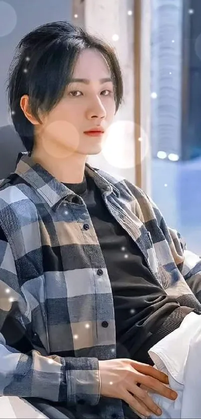 Casual portrait of a person seated in a modern setting, wearing a checkered shirt.