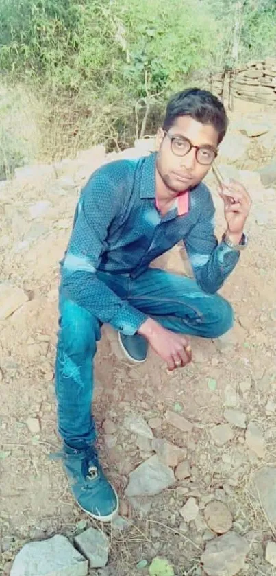 Young man in casual attire sitting on a rocky terrain with a natural background.