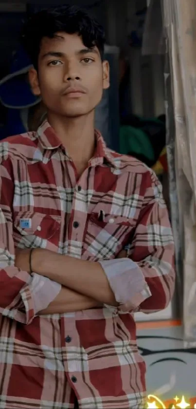 Portrait of a young individual wearing a plaid shirt.