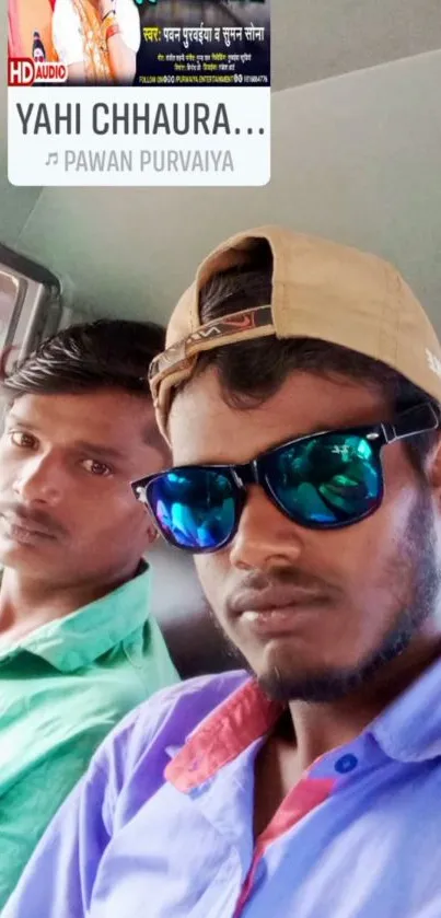 Young men with sunglasses in a car, casual style