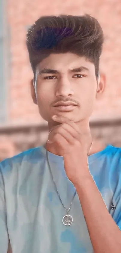 Stylish young man in blue shirt posing outdoors.