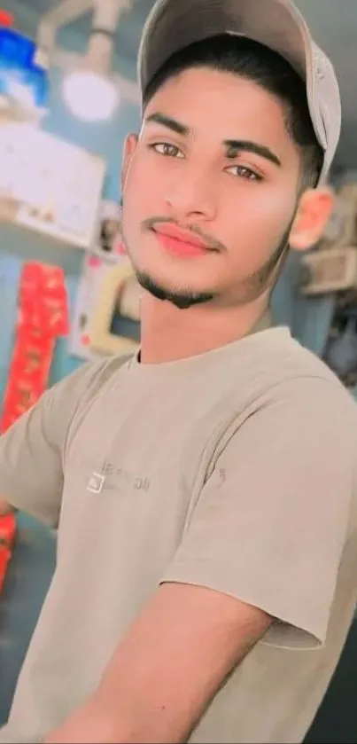 Casual portrait of a young man in a colorful store setting.