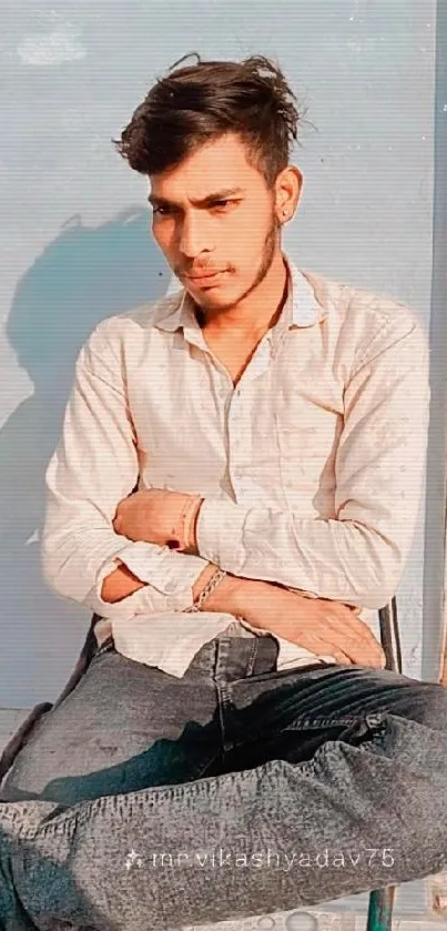 Casual portrait of a young man sitting thoughtfully outdoors.