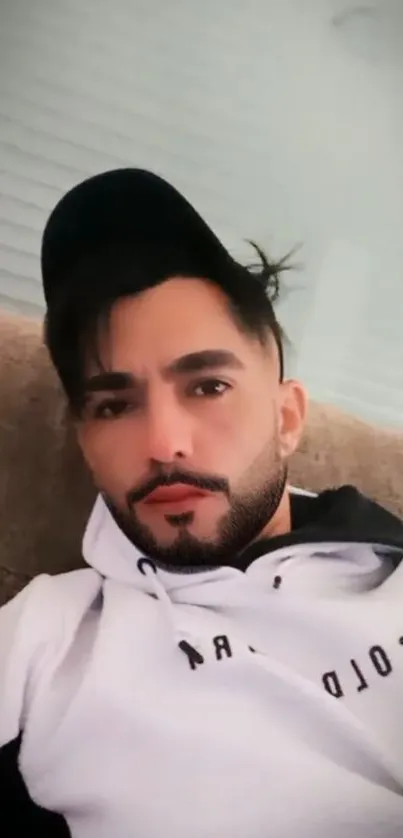 Portrait of a man in casual attire on a couch.