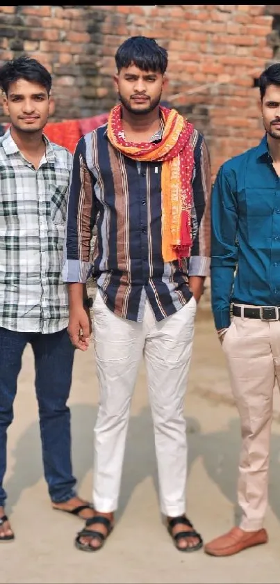 Three men posing outdoors against a brick wall.