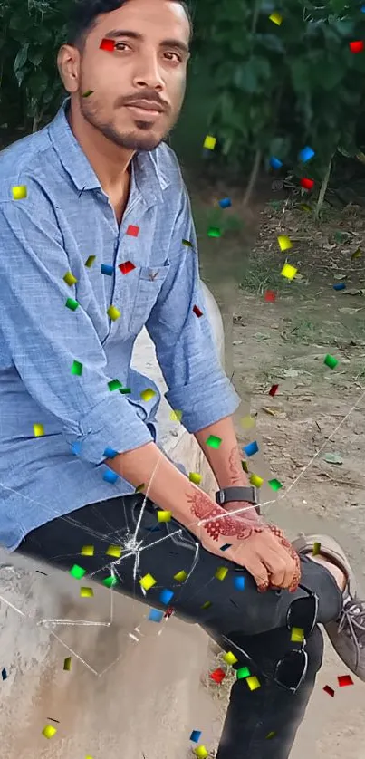 Man in blue shirt sits casually with colorful confetti around.