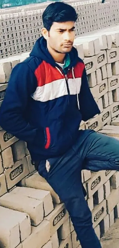 Man in casual clothes posing near stacked bricks.