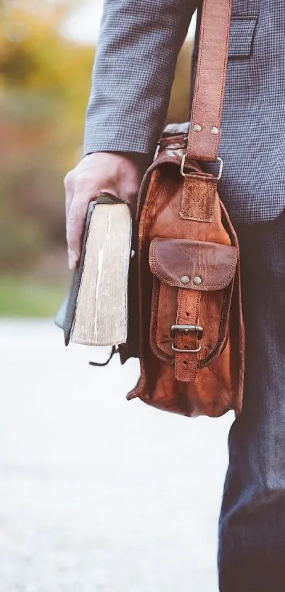 Man in casual attire with leather bag and book on a serene pathway.