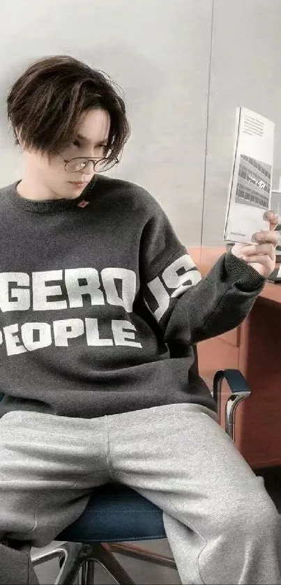 Person in gray sweatshirt reading on chair.