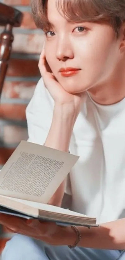 Person sitting with a book, looking thoughtful against a brick wall.