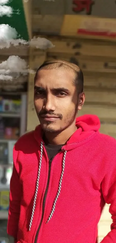 Man in a red hoodie with clouds in background.