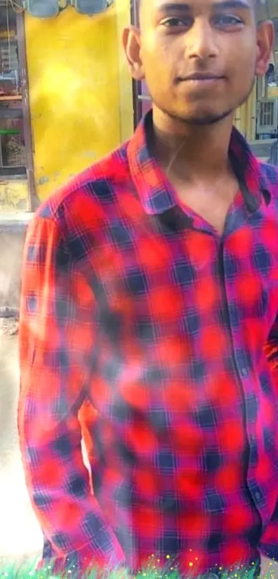 Young man in red plaid shirt on urban street