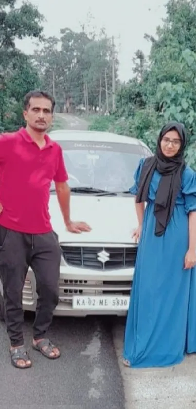 Roadside snapshot with car and greenery.