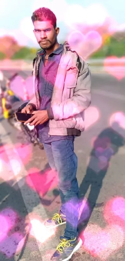 Young man on roadside holding phone, next to bike.