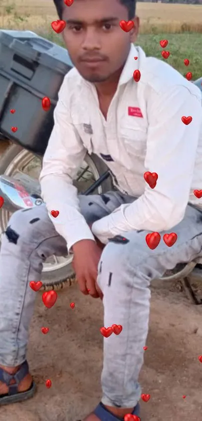 Man sitting on motorbike in rural area.