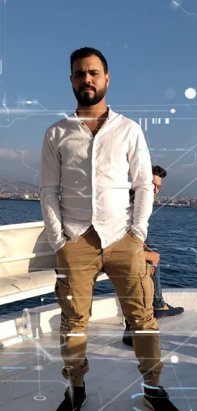 Man in white shirt standing on a boat with a scenic ocean view.