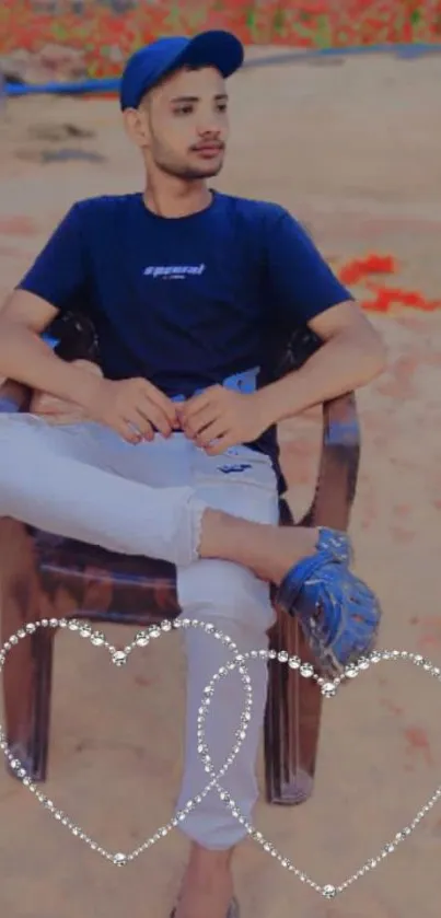 Young man sitting outdoors on a chair with heart designs.